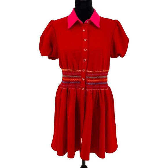 Smak Parlour Dress Womens L Heart Rainbow Smocked Waist Lolita‎ Babydoll Puff - Picture 1 of 7